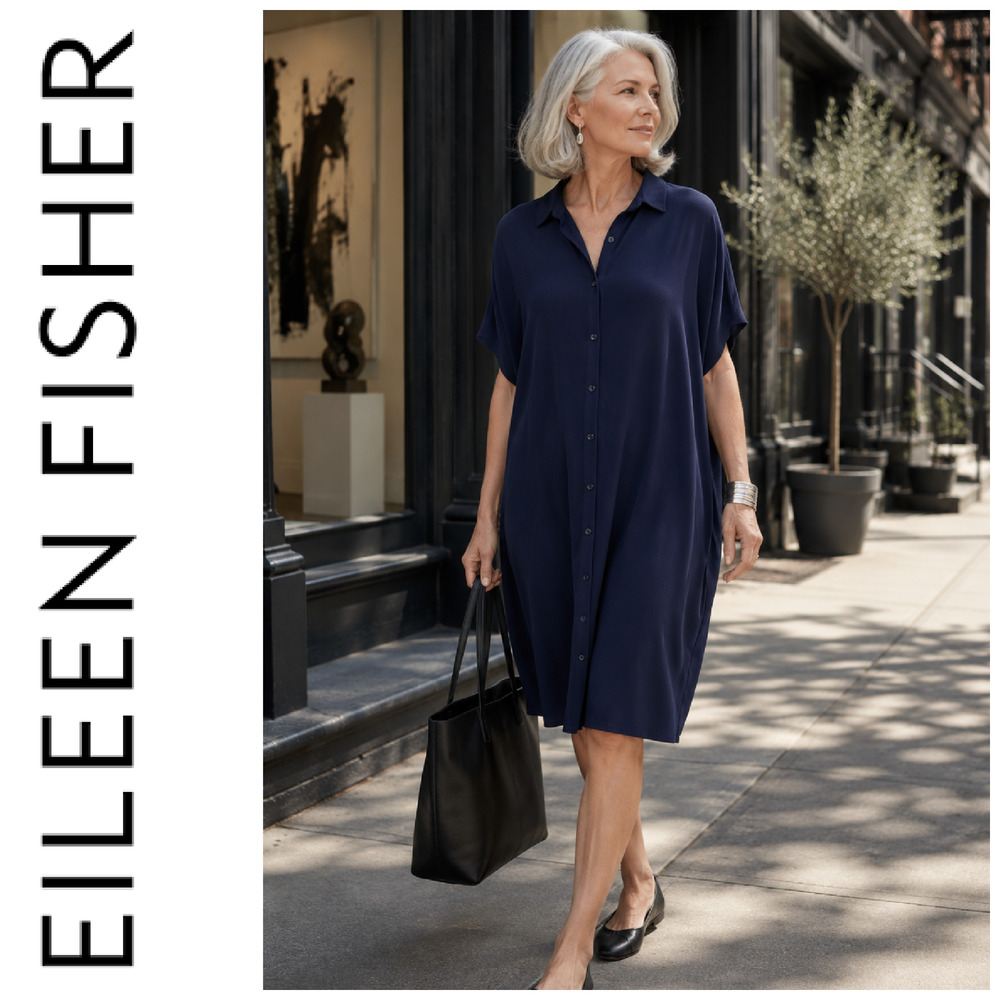 Eileen Fisher Sz XL Blue Knit Button Front Shirt Dress Stretch Quiet Luxury - Picture 1 of 5